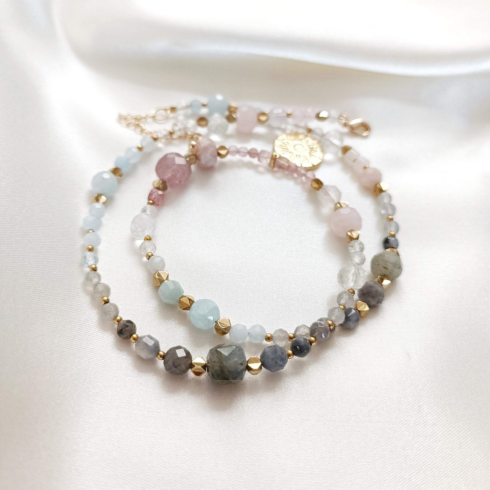 1000139230-01 AVELINE - naszyjnik premium z kwarcem różowym i akwamarynem