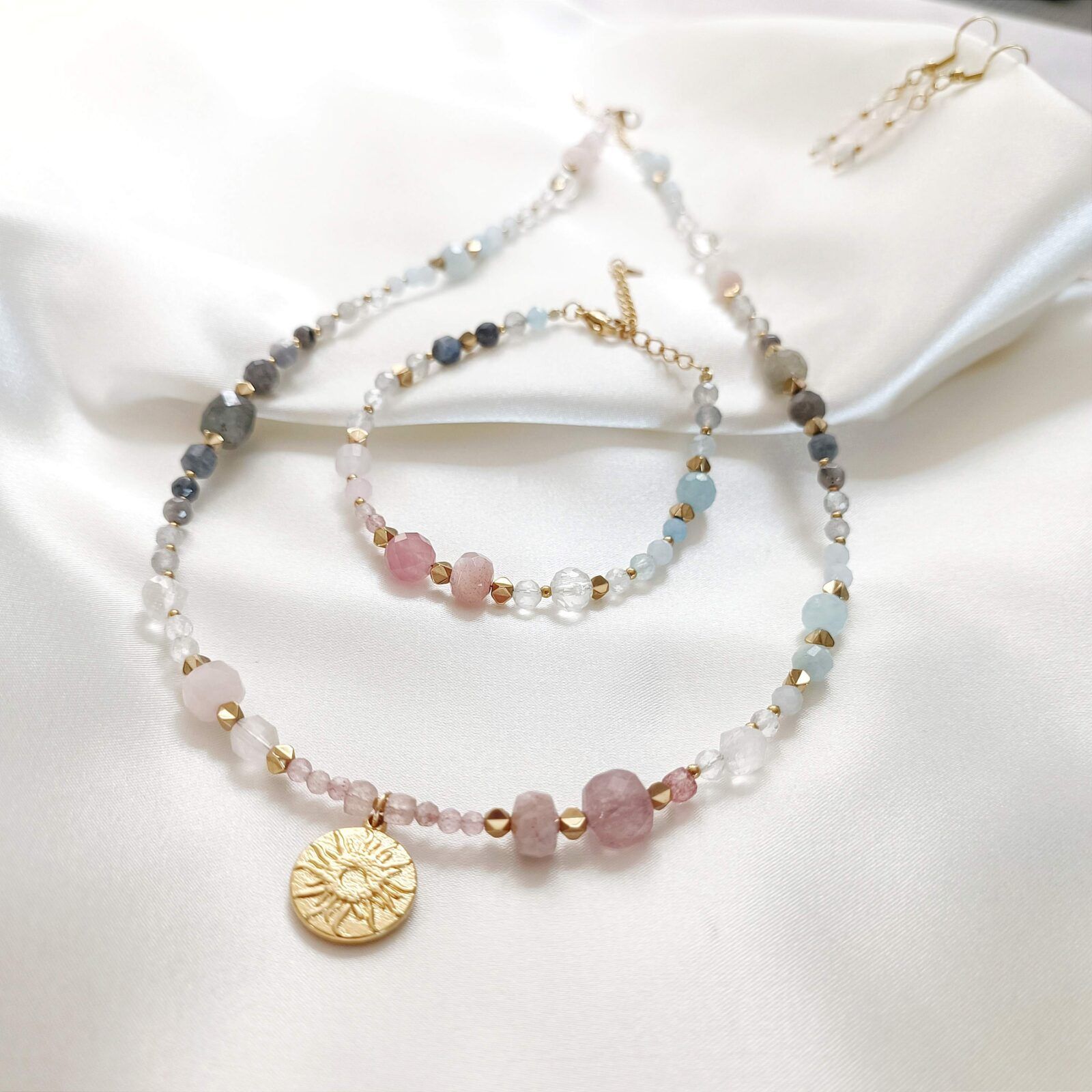 1000139243-01 AVELINE - naszyjnik premium z kwarcem różowym i akwamarynem